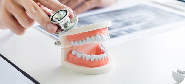 치아 모형으로 치료 계획을 살펴보는 모습